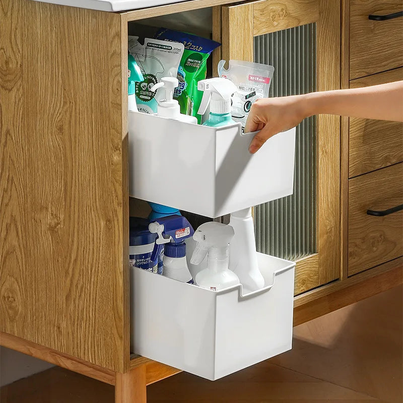 Plastic Pull Out Cabinet Drawer Organizer, Expendable Slide Out Kitchen Storage Shelves, Desk Storage Rack for Office