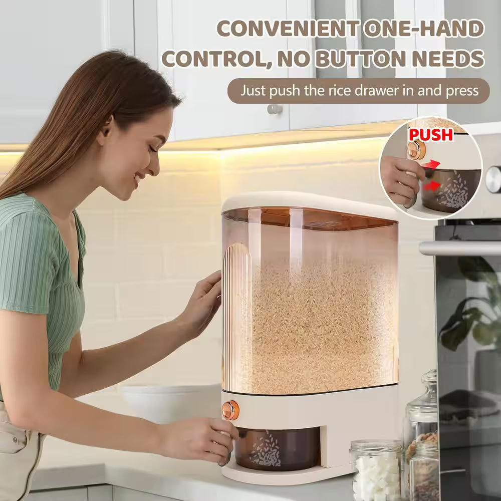 25 Lbs. Rice Dispenser with Measuring Cup and Time Scale and Moisture Proof Dry Food Dispenser, Clear and White