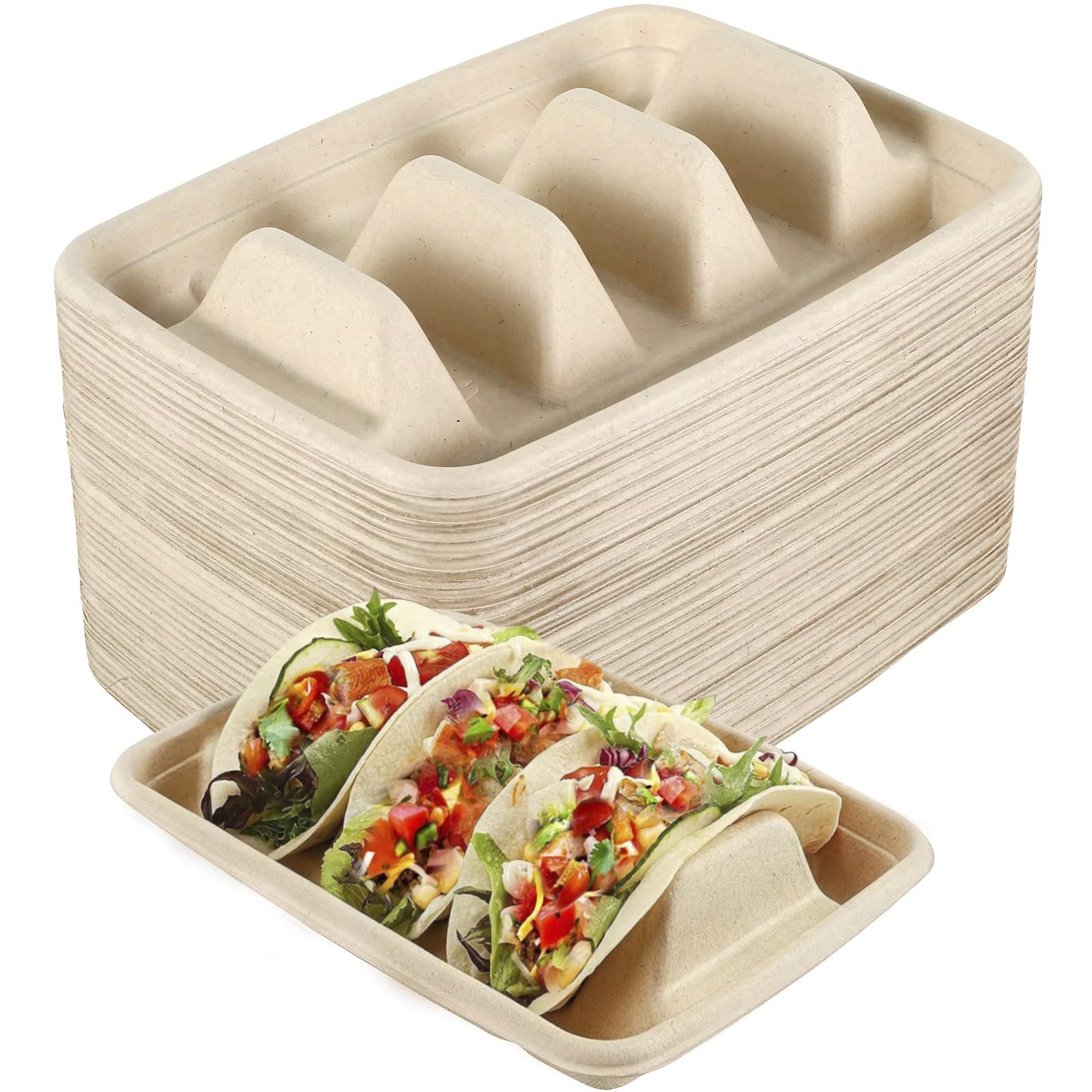 50Pcs Disposable Taco Plates 3 Compartments Taco Serving Plates No Messy Dining Stackable Taco Trays Holder Keep Tacos Upright