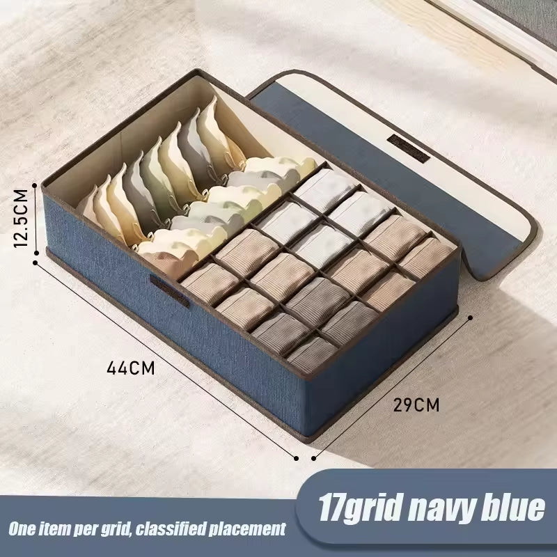 Underwear Storage Box Cotton and Linen Six-Compartment Compartment with Lid Underwear Box with Compartments Drawer Style