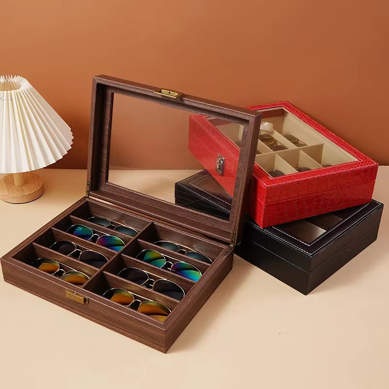 Leather Fashion Sunglasses Storage Box Multi Grid Large Capacity Sunglasses Storage Box Jewelry Display Collection Box