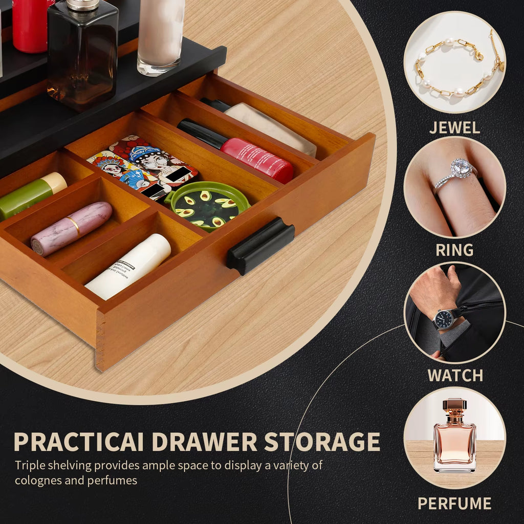 Wooden Cologne Organizer 3-Tiers Perfume Storage Display Stand with Drawer Versatile Jewelry Make up Cosmetics Storage Organizer