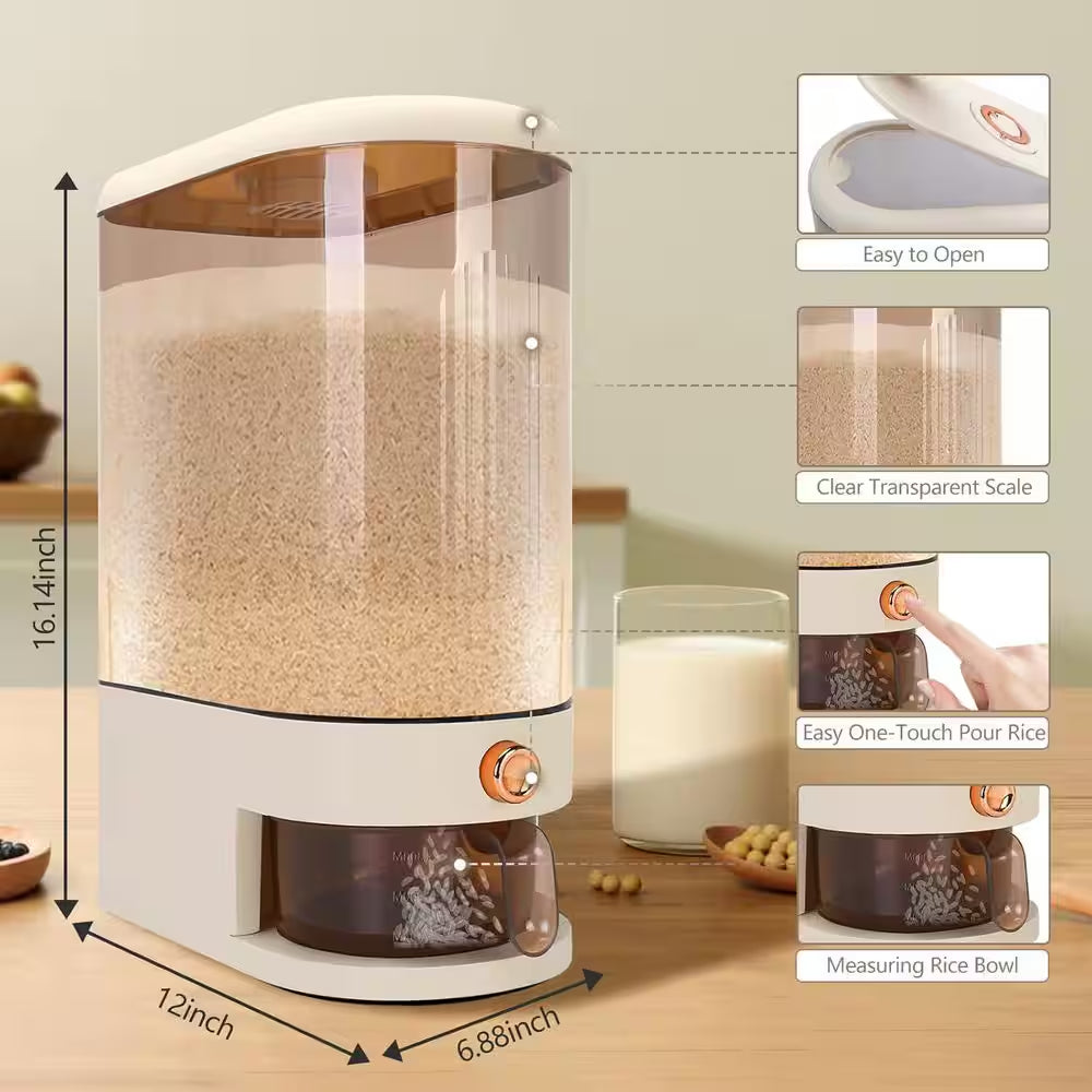 25 Lbs. Rice Dispenser with Measuring Cup and Time Scale and Moisture Proof Dry Food Dispenser, Clear and White