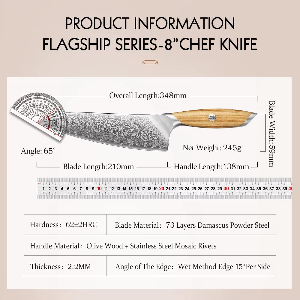 Flagship Series 8 Inch Chef Knife 73 Layers Powder Steel Core Damascus Steel Olive Wood Handle Gift Box Kitchen Knife