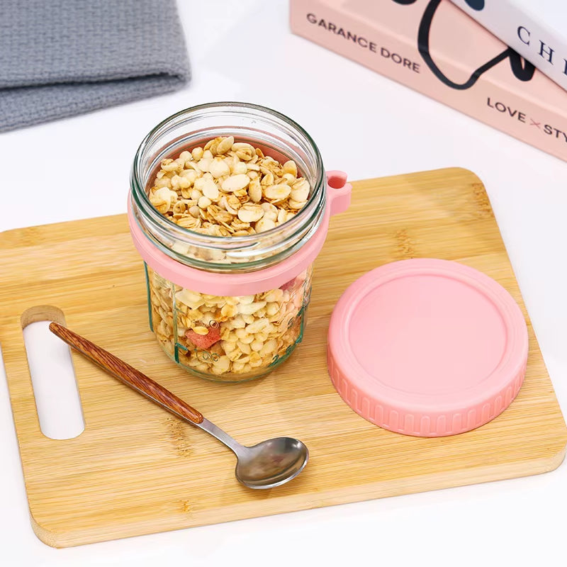 High-Value Oat Cup Transparent Glass with Lid and Spoon, Good Sealing with Scale , Simple and Multi-Color Optional Breakfast Cup