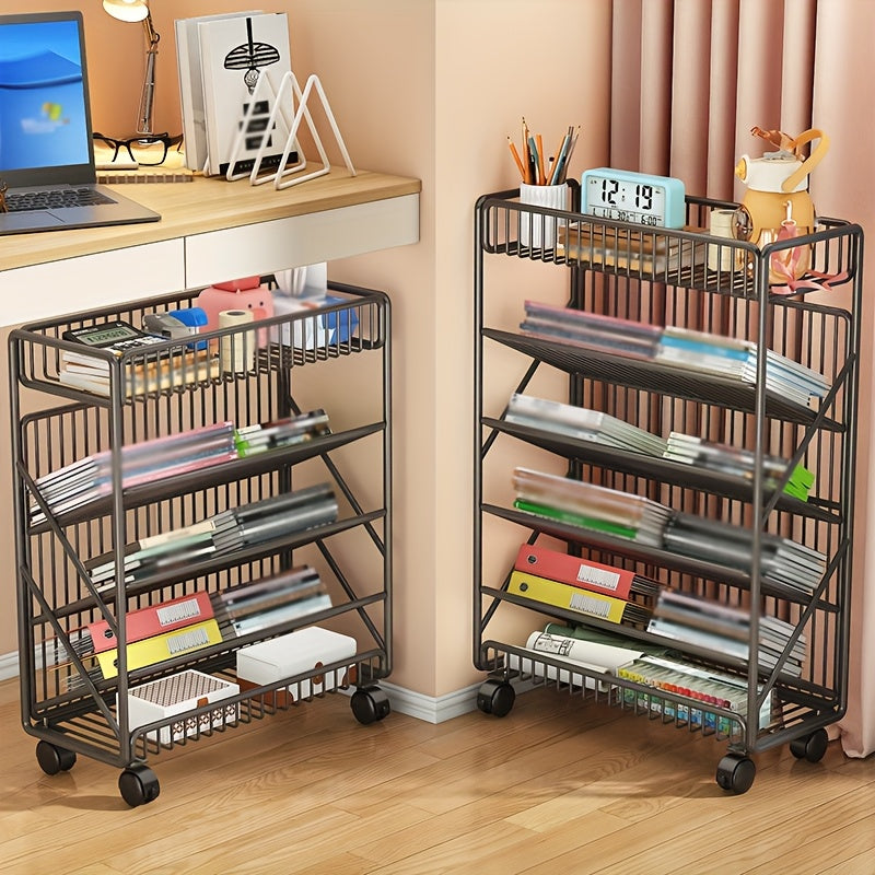Office Bookshelf with Wheels and Storage Basket-1