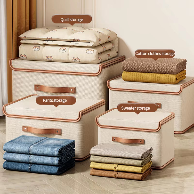 Cube Bins Boxes with Lids, Foldable Clothing Storage Box PU Leather Handles Decorative Home Cubes Closet Organizer Container
