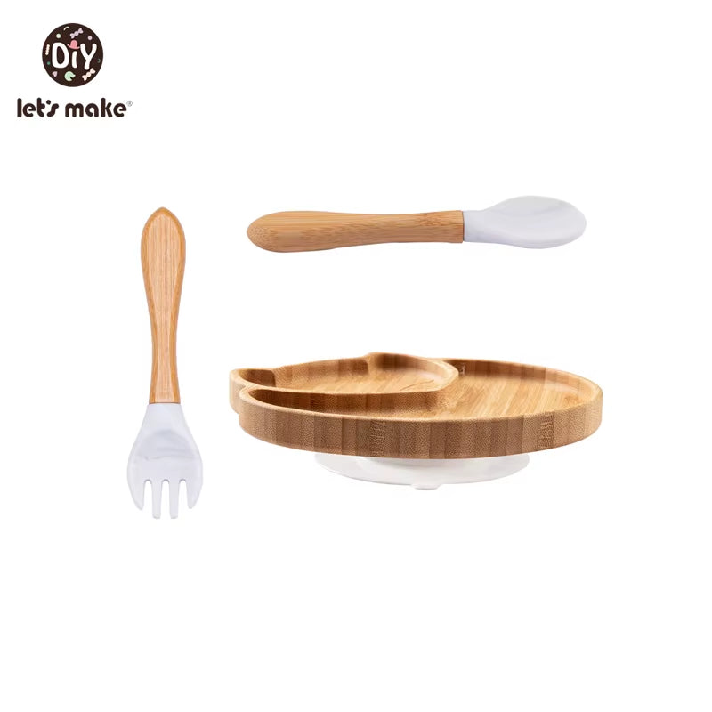 Let'S Make Baby Dinner Plates Set Wooden Cartoon Dinner Plate Fork Spoon Children Feeding Plate Safe Edible Silicone Product