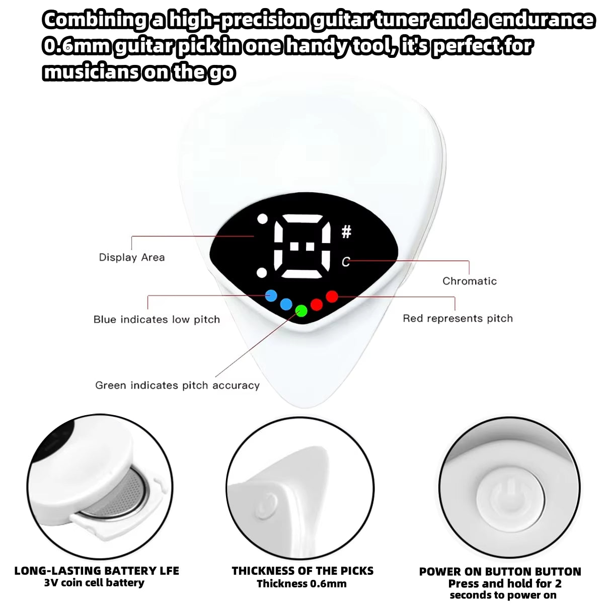 Miwayer 2-In-1 Guitar Pick Tuner/Digital Guitar Pick Tuner W/Led Screen Display/ for Electric & Bass,Ukulele/12 Equal Temperamen