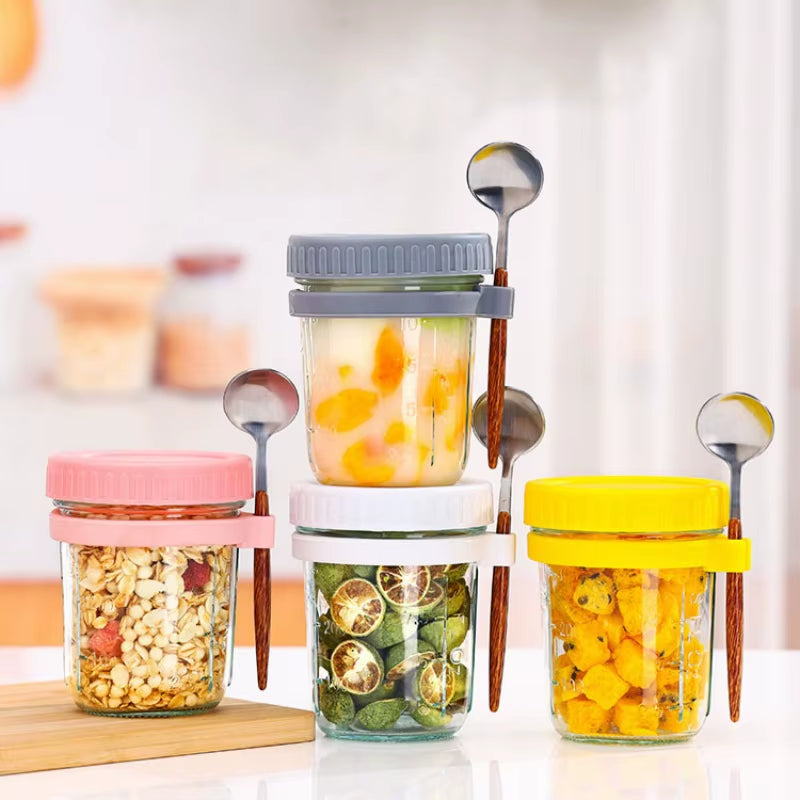 High-Value Oat Cup Transparent Glass with Lid and Spoon, Good Sealing with Scale , Simple and Multi-Color Optional Breakfast Cup