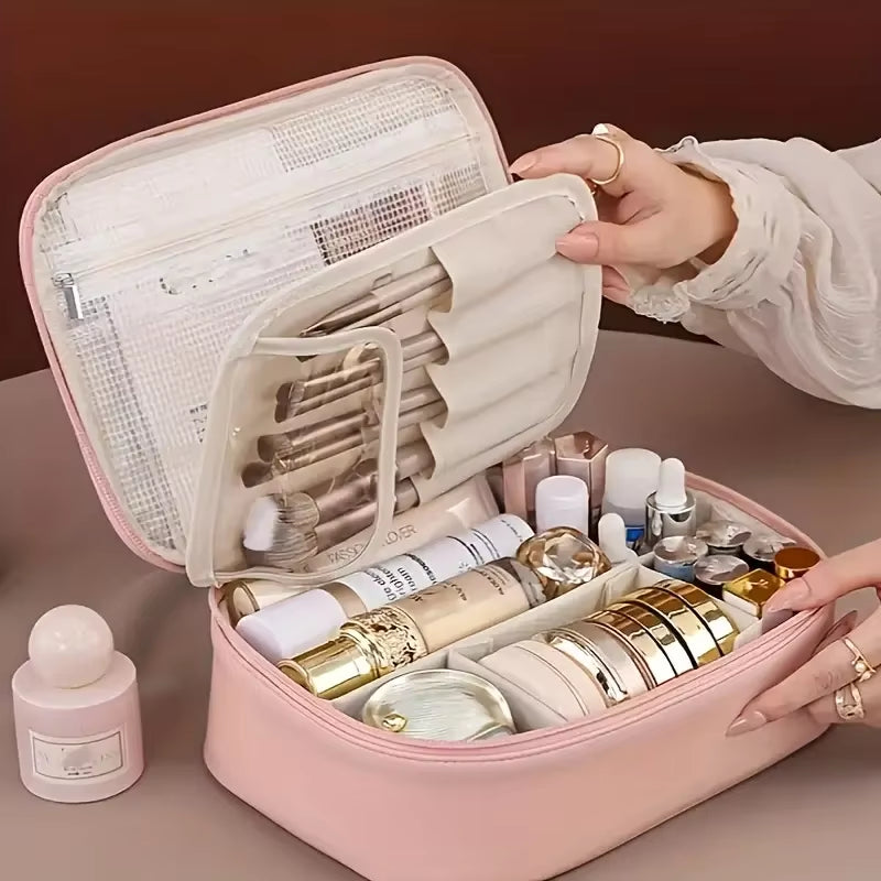 Large Capacity Waterproof PU Cosmetic Bag with Divider, Portable Travel Cosmetic Toiletry Storage Bag, Cosmetic Travel Bag ...