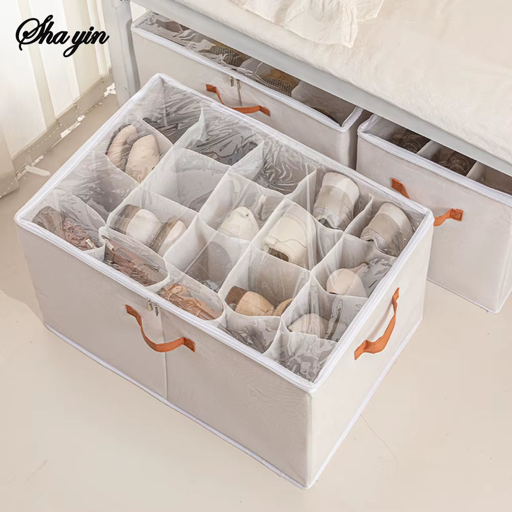 12/16/20Grid Shoe Storage Artifact Home Foldable Fabric Shoe Box Transparent Sports Shoes Leather Shoes Dustproof Organizing Box