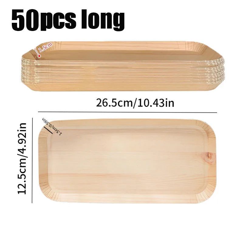 50Pcs Disposable Paper Plates Compostable Wood Grain Paper Tray Natural Wooden Forks Spoons Set Party Table Accessorie