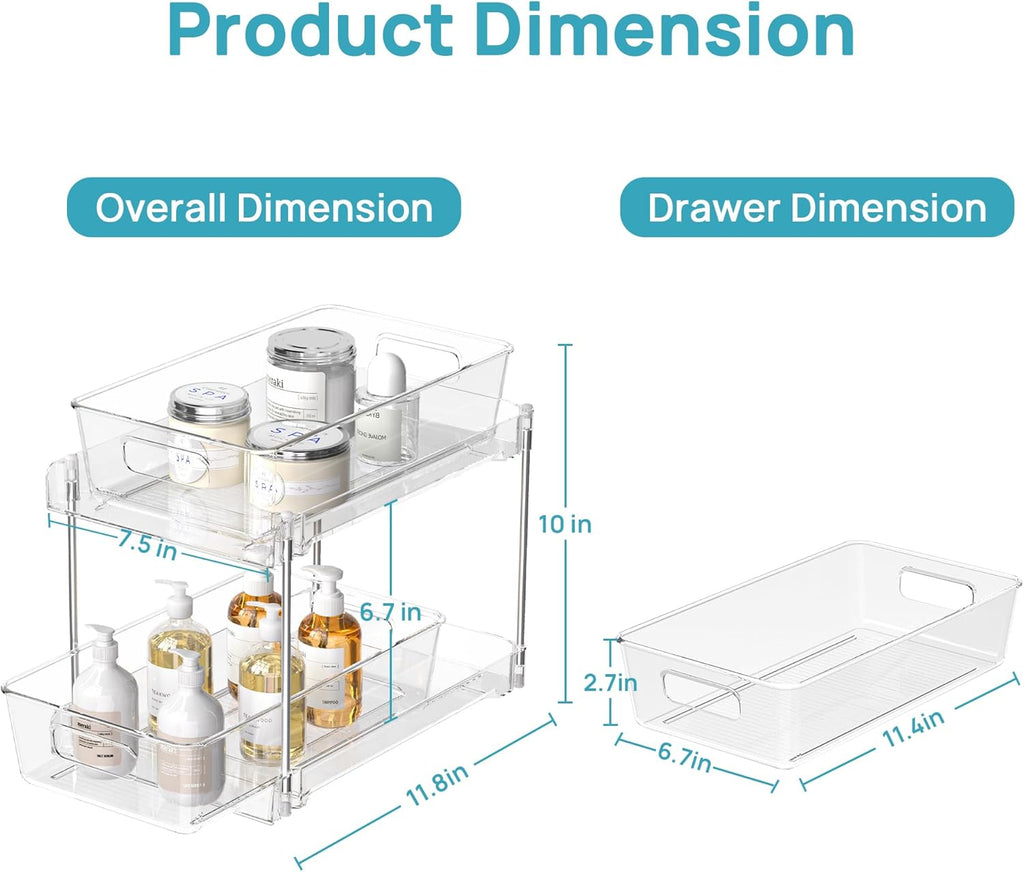 4 Pack Bathroom Organizer, 2 Tier Clear under Sink Organizers Vanity Countertop Storage Container,Cabinet Drawers Bins, Pull-Out Organization with Track for Pantry, Kitchen
