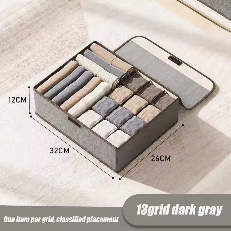 Underwear Storage Box Cotton and Linen Six-Compartment Compartment with Lid Underwear Box with Compartments Drawer Style