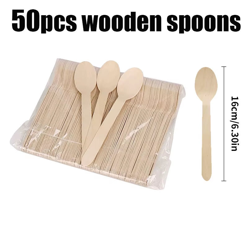 50Pcs Disposable Paper Plates Compostable Wood Grain Paper Tray Natural Wooden Forks Spoons Set Party Table Accessorie