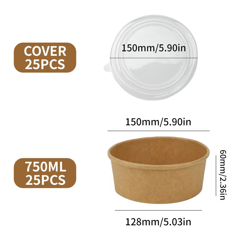 25Pcs/Set Disposable Kraft Paper Bowls with Lids for Soup Salad Noodles Takeaway Lunch Boxes Set Eco-Friendly Food Packaging Box