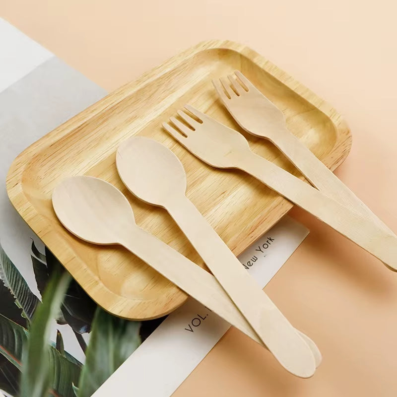 Disposable Wooden Cutlery 50/100PCS Pack 14Cm Fork Spoon Party Camping Picnic Wedding Travel Tableware Sets Kitchen Supplies ZYF