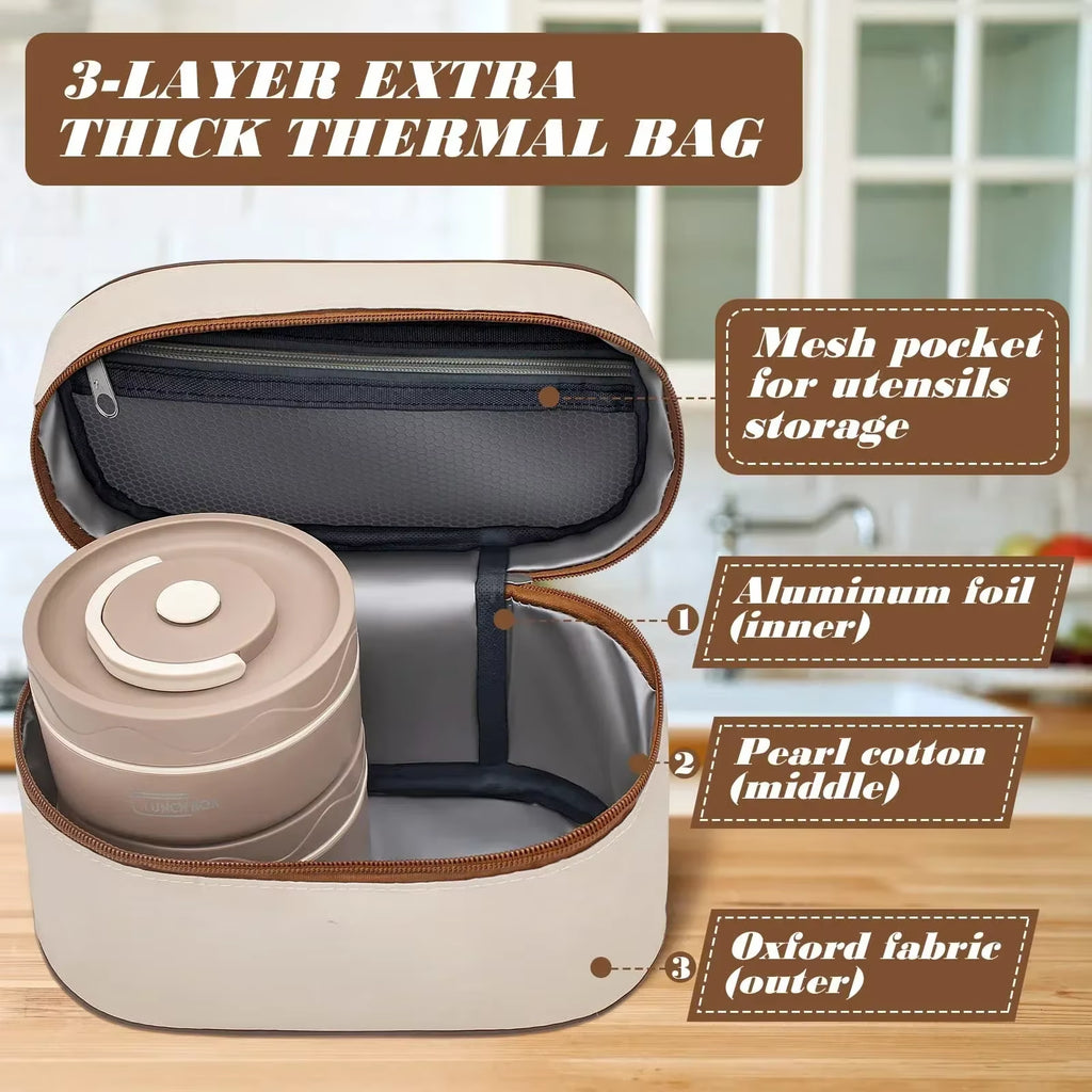 Lunch/Snack Box for Thermal, Stackable 2-Tier Stainless Steel Insulated Bento Box with Cutlery Set for Adult Kids Men Women