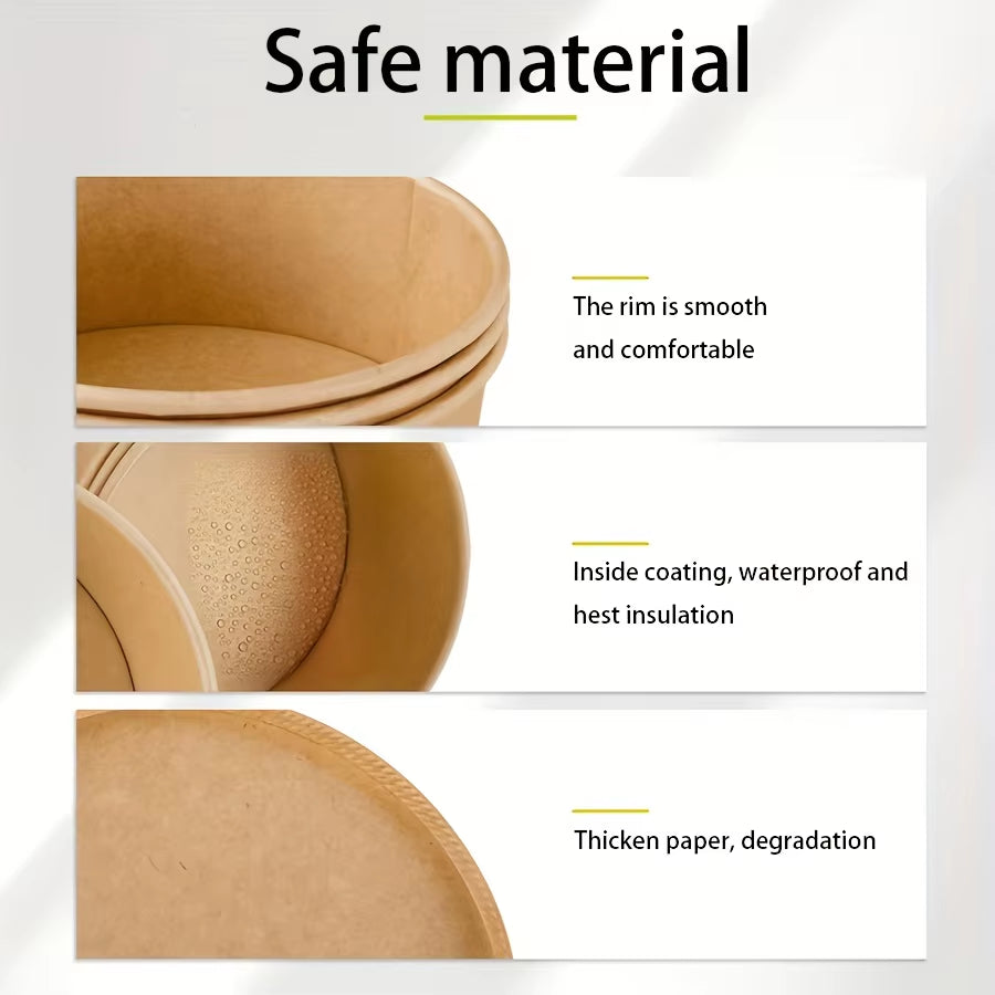 25Pcs/Set Disposable Kraft Paper Bowls with Lids for Soup Salad Noodles Takeaway Lunch Boxes Set Eco-Friendly Food Packaging Box