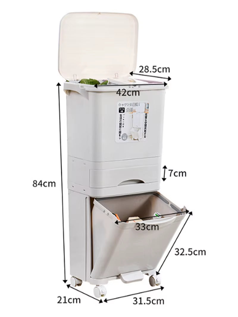 Kitchen Double Partition Trash Can Multifunctional Household Garbage Can with Lid 42L Simple Movable Dry and Wet Separation Bin