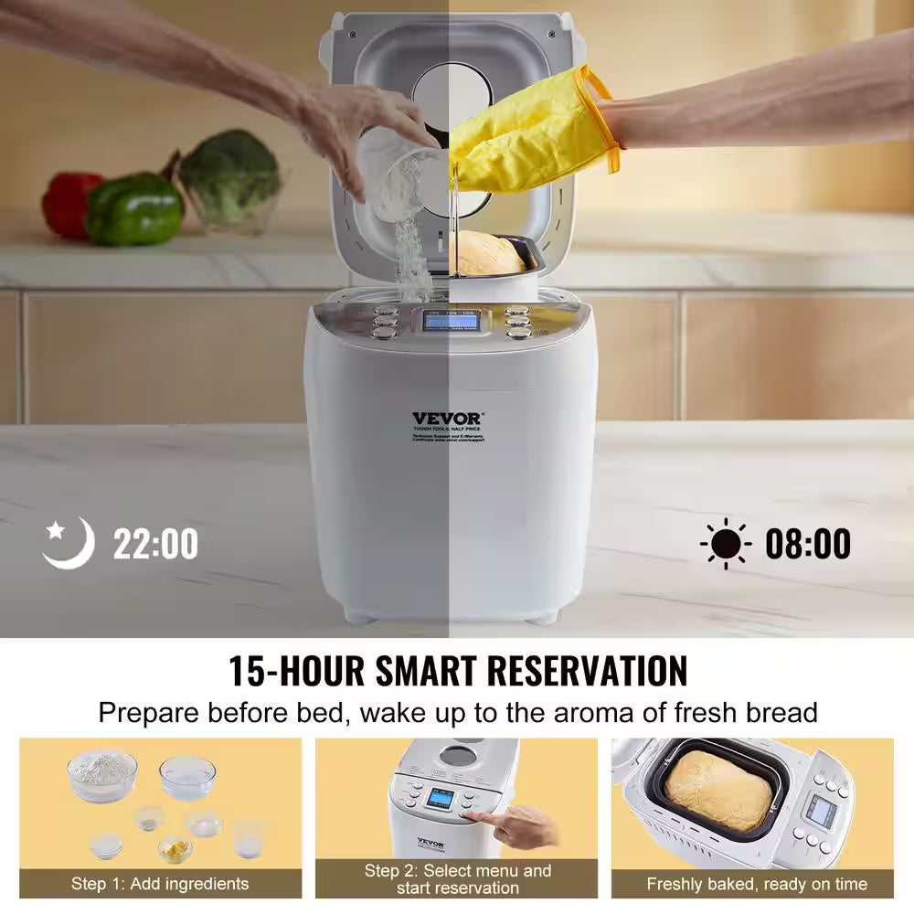 Bread Maker, 15-In-1 3 Lbs. Dough Machine, Nonstick Ceramic Pan Automatic Breadmaker with Gluten Free Setting White