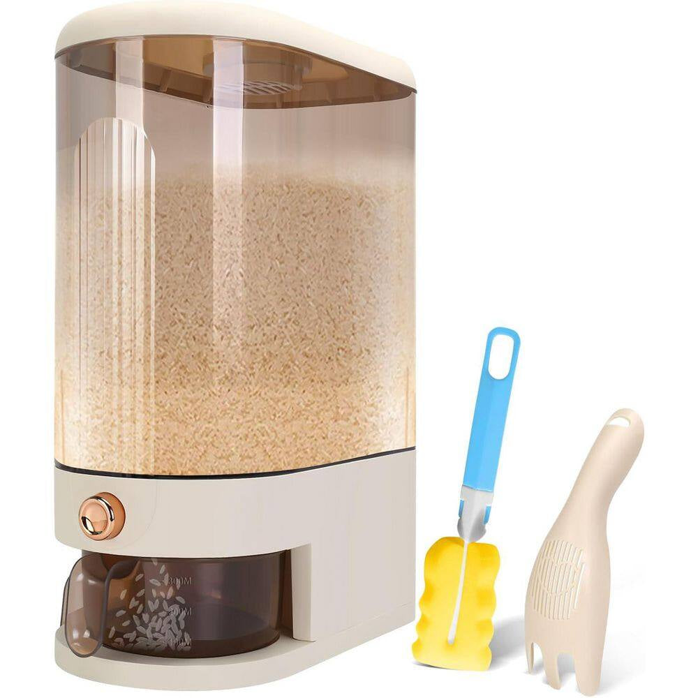 25 Lbs. Rice Dispenser with Measuring Cup and Time Scale and Moisture Proof Dry Food Dispenser, Clear and White