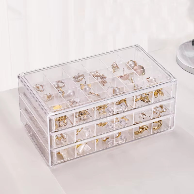 Acrylic Jewelry Organizers and Storage Box with 3 Drawers, Clear Jewelry Box for Women, Earring Organizer for Ring Necklace