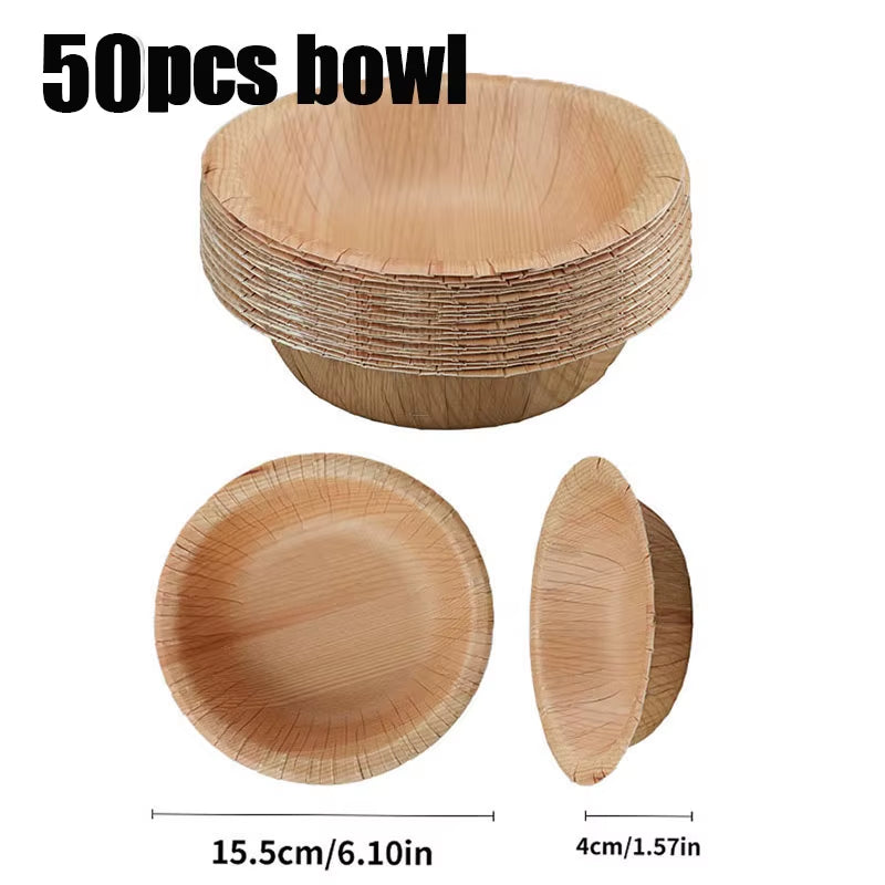 50Pcs Disposable Paper Plates Compostable Wood Grain Paper Tray Natural Wooden Forks Spoons Set Party Table Accessorie