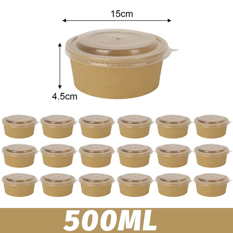 30/1X 500/750/1000ML Portable Kraft Salad Paper Bowls with Lids Biodegradable Disposable Tableware Meal Prep Takeout Bento Boxes