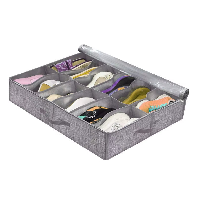 Shoe Storage Organizer Box for under Bed, Fit 12 Pairs, Collapsible Closet Underbed Shoes Container Bags with Reinforced Handles