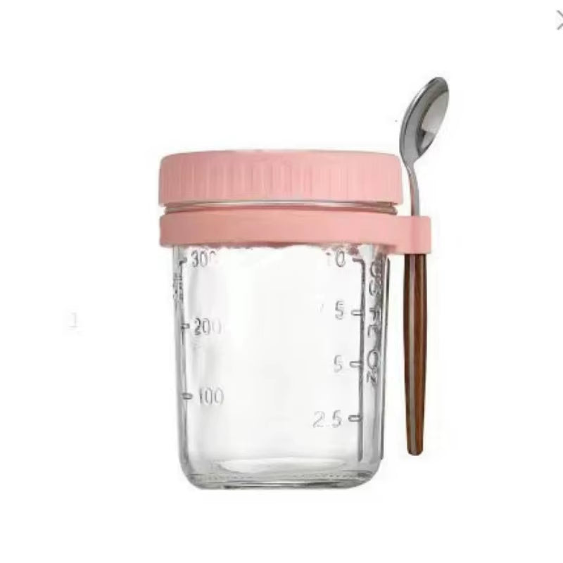 High-Value Oat Cup Transparent Glass with Lid and Spoon, Good Sealing with Scale , Simple and Multi-Color Optional Breakfast Cup