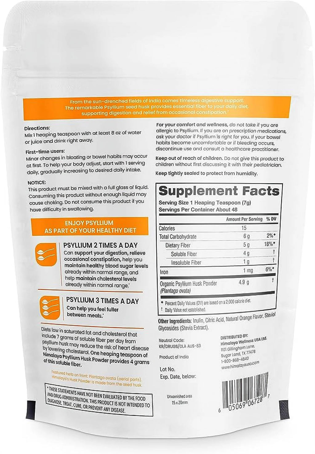 Orange Psyllium Husk Powder, Fiber Supplement, for Regularity & Digestive Support, 12 Oz