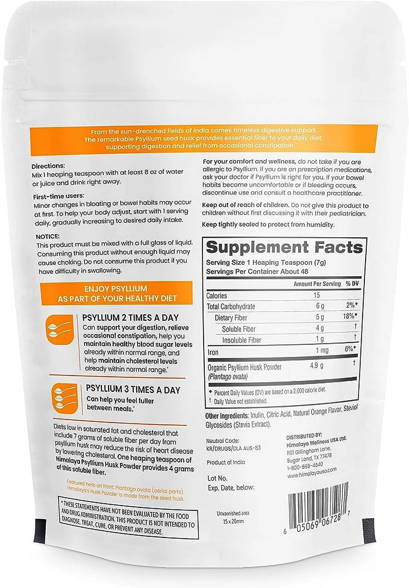 Orange Psyllium Husk Powder, Fiber Supplement, for Regularity & Digestive Support, 12 Oz