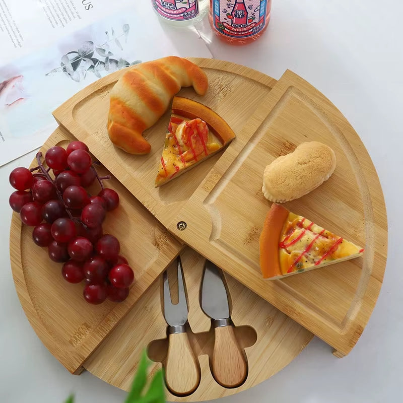 Bamboo Cheese Board Set round Rotatable Cheese Board Vegetable Board with Knife Steak Bread Fruit Snack Plate