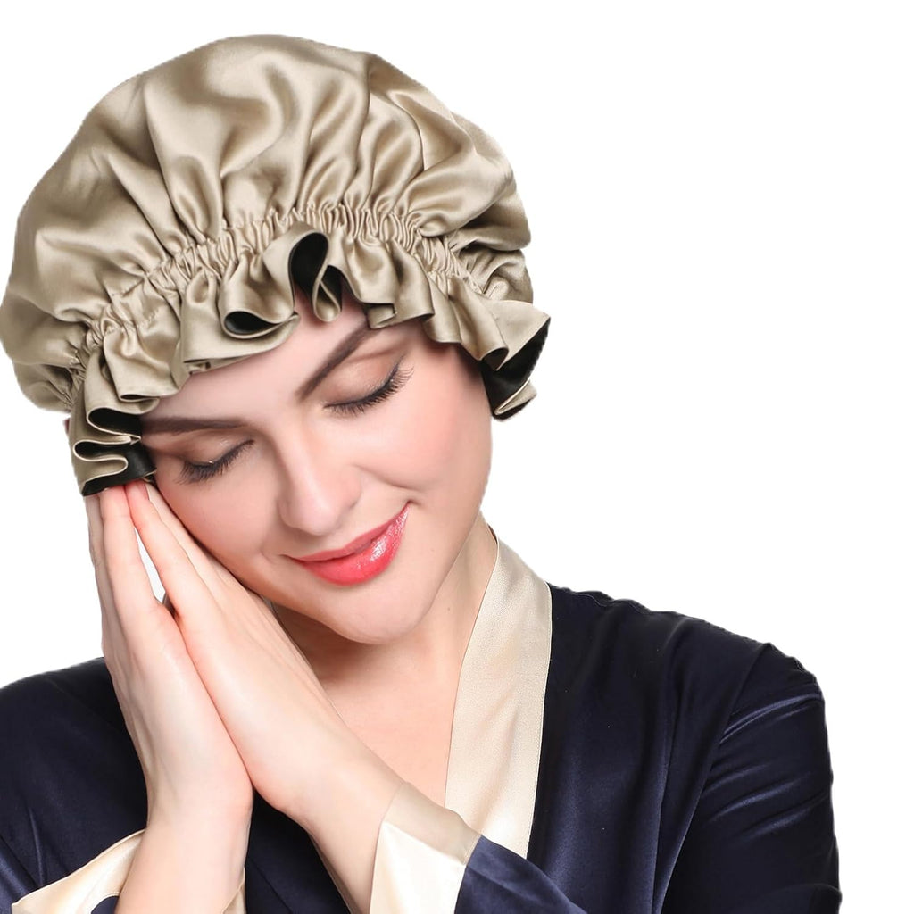 Pure Silk Lined Cap for Women Sleep, Double Layered, Adjustable Ribbons, Luxury Natural Silk Bonnet Cap for Sleeping Coffee+Black