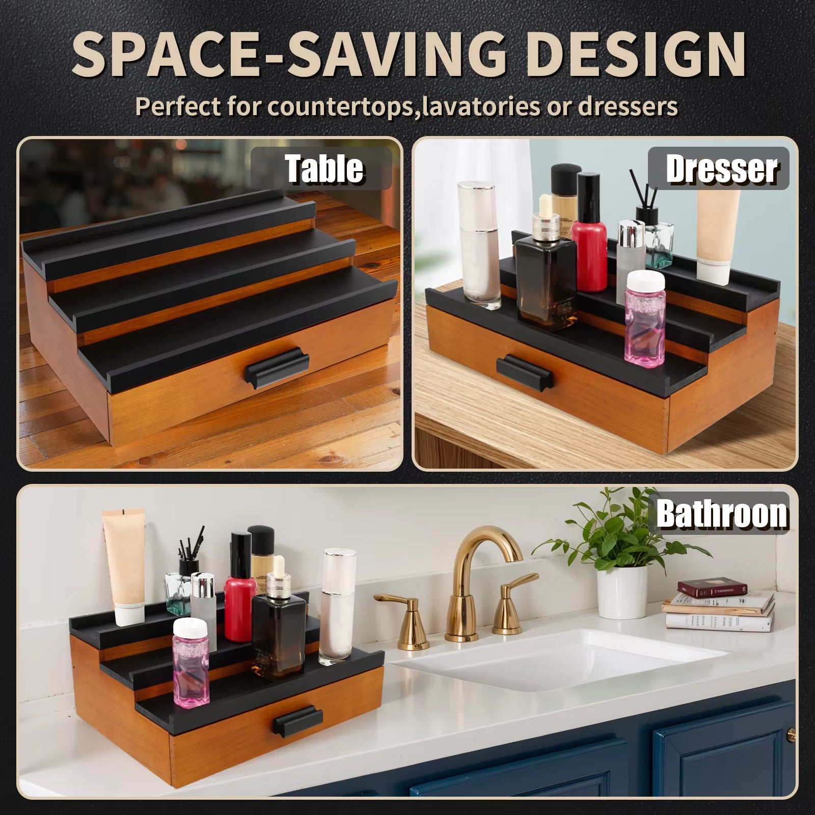 Wooden Cologne Organizer 3-Tiers Perfume Storage Display Stand with Drawer Versatile Jewelry Make up Cosmetics Storage Organizer