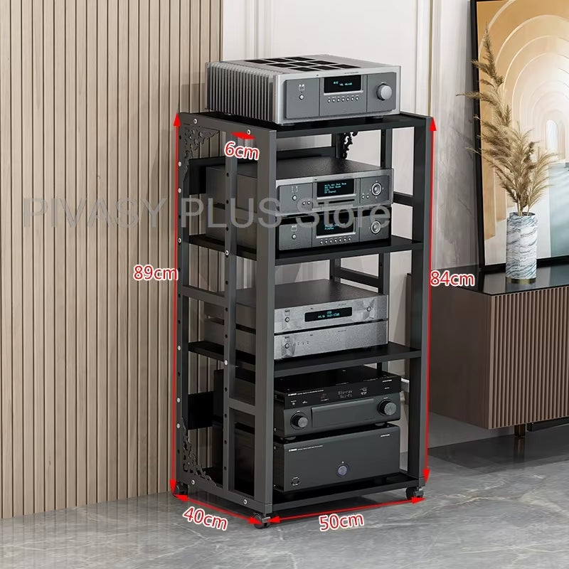 Adjustable 2-5 Tier Audio Rack Steel Frame Media Console E1 Panels Amplifiers Bracket with Wheels for Amp Home Theather Storage
