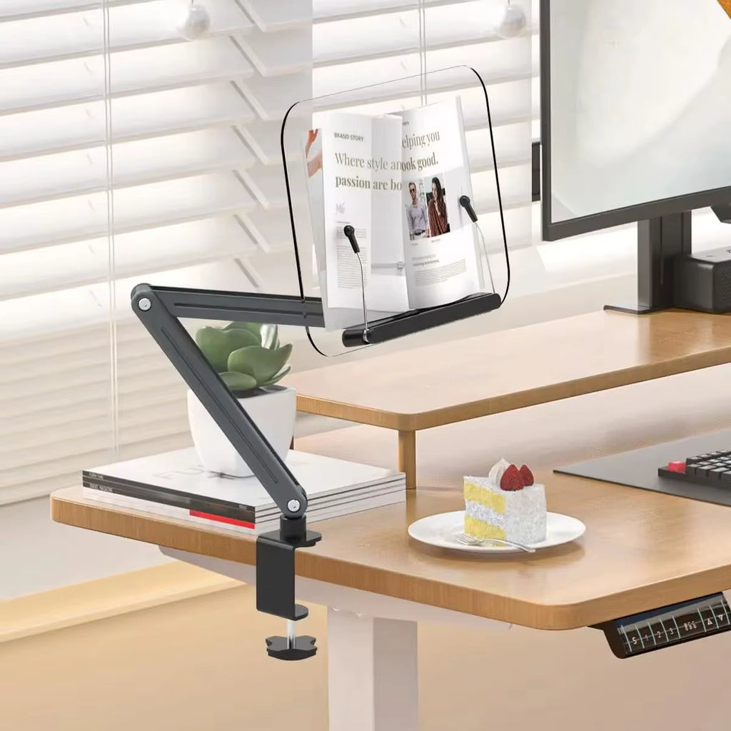Desk Clamp Acrylic Book Stand for Reading Book Stand Holder, Adjustable Height up to 20 Inches, Suitable for Recipe, Tablet