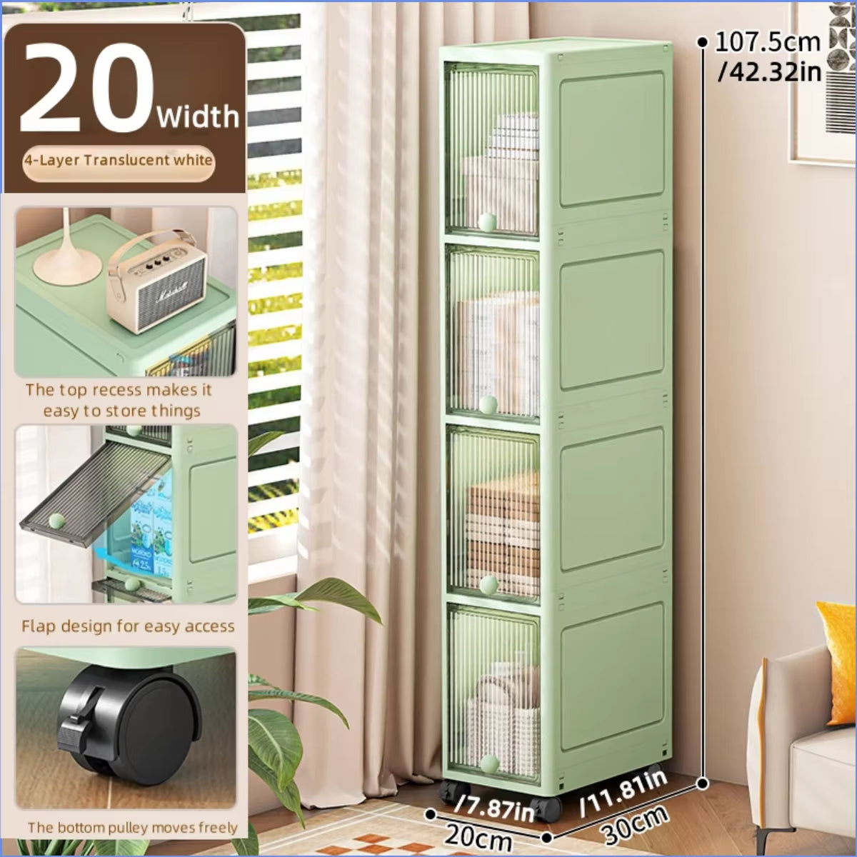 20Cm-Flip Lid Slit Storage Cabinet, Kitchen Slit Shelf, Bathroom Multi-Layer Plastic Snack Cabinet, Narrow-Edge Storage Cabinet