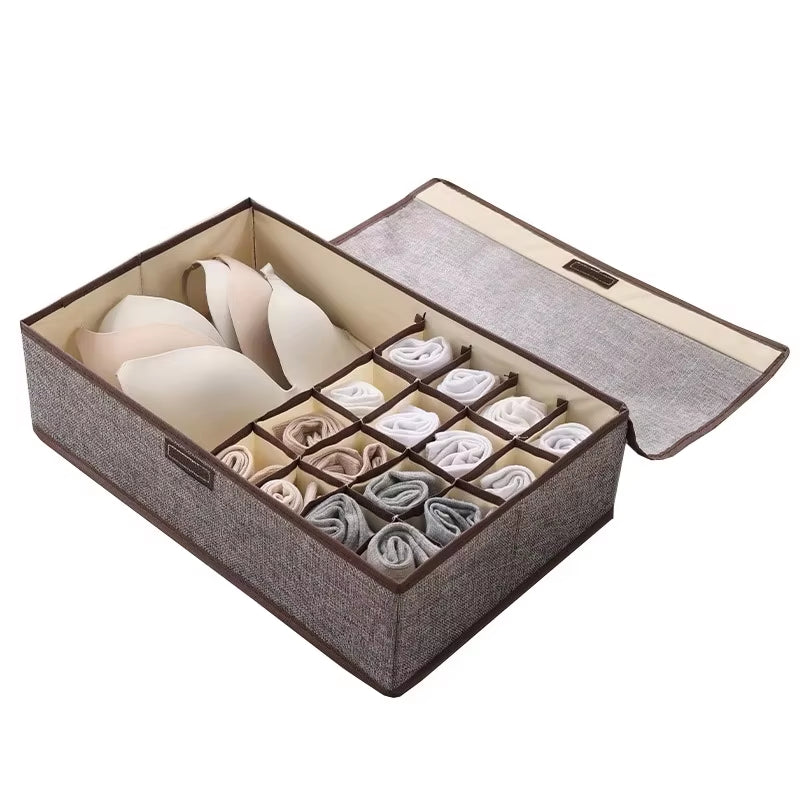 Underwear Storage Box Cotton and Linen Six-Compartment Compartment with Lid Underwear Box with Compartments Drawer Style