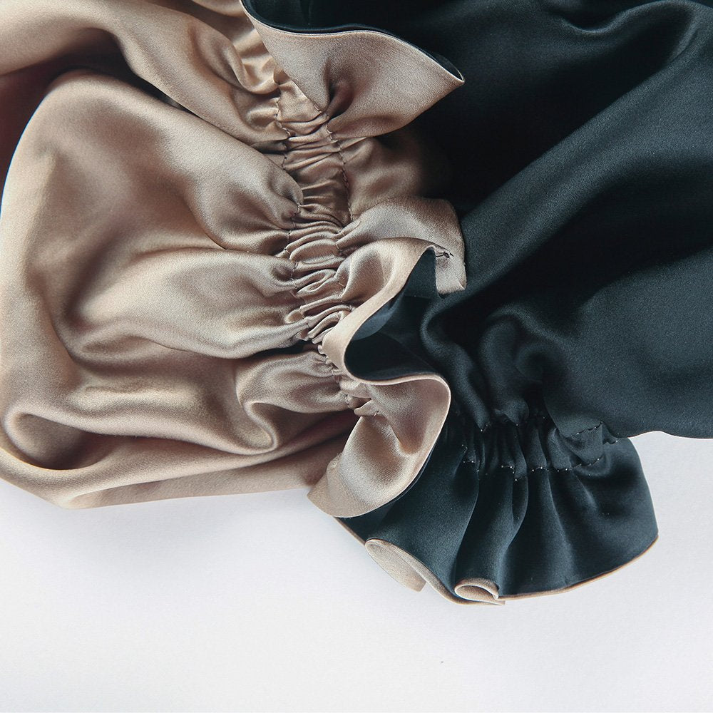 Pure Silk Lined Cap for Women Sleep, Double Layered, Adjustable Ribbons, Luxury Natural Silk Bonnet Cap for Sleeping Coffee+Black