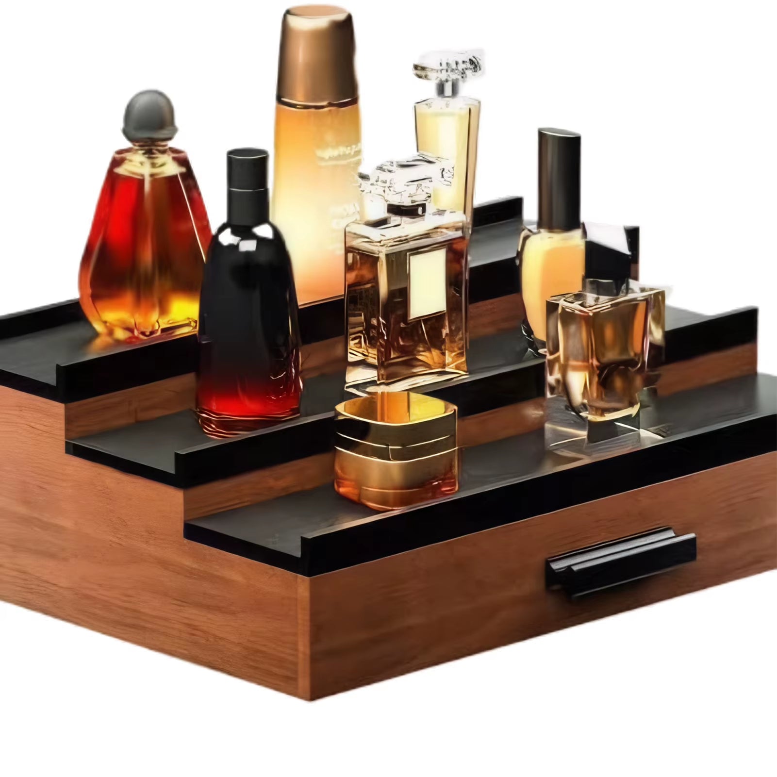 Storage Organizer Elegant Wooden Perfume Display Stand with Drawer Storage Capacity Desktop Organizer for Fragrances