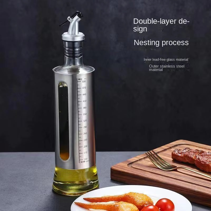 Glass Oil Bottle Olive Oil Dispenser Automatic Switch with Scale Sauce Seasoning Container Kitchen Outdoor Barbecue Supplies