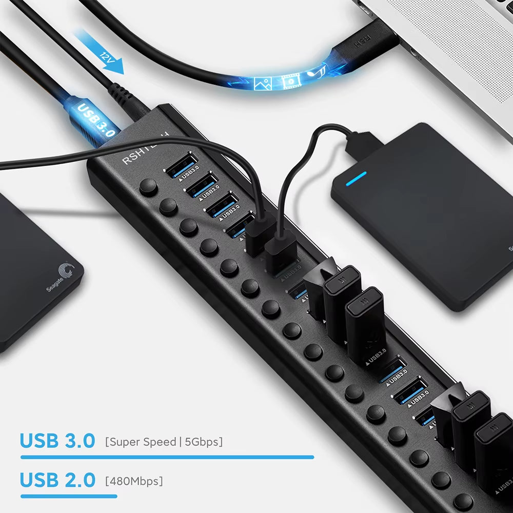 7/10/13/16 Ports Powered USB Hub Aluminum USB 3.0 Data Hub Expander with Individual On/Off Switches for Laptop Macbook Splitter