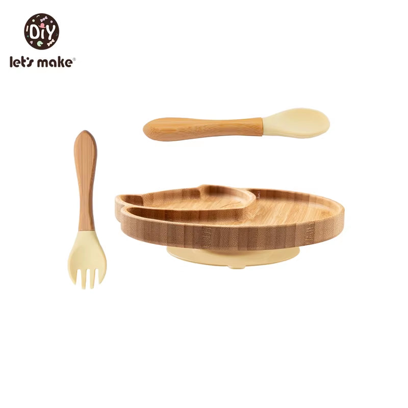 Let'S Make Baby Dinner Plates Set Wooden Cartoon Dinner Plate Fork Spoon Children Feeding Plate Safe Edible Silicone Product