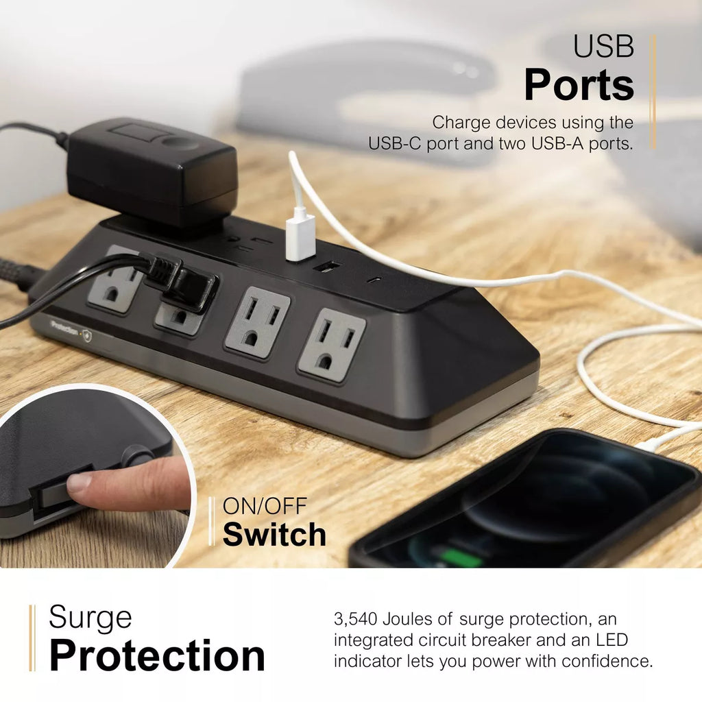 GE 10-Outlet Surge Protector 2 USB-A and 1 USB-C 3540J 4' Braided Cord Black: Extension Cord & Outlet Extender