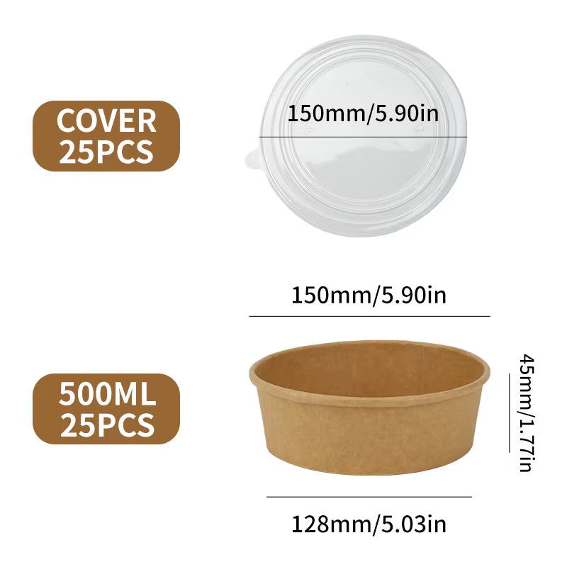 25Pcs/Set Disposable Kraft Paper Bowls with Lids for Soup Salad Noodles Takeaway Lunch Boxes Set Eco-Friendly Food Packaging Box