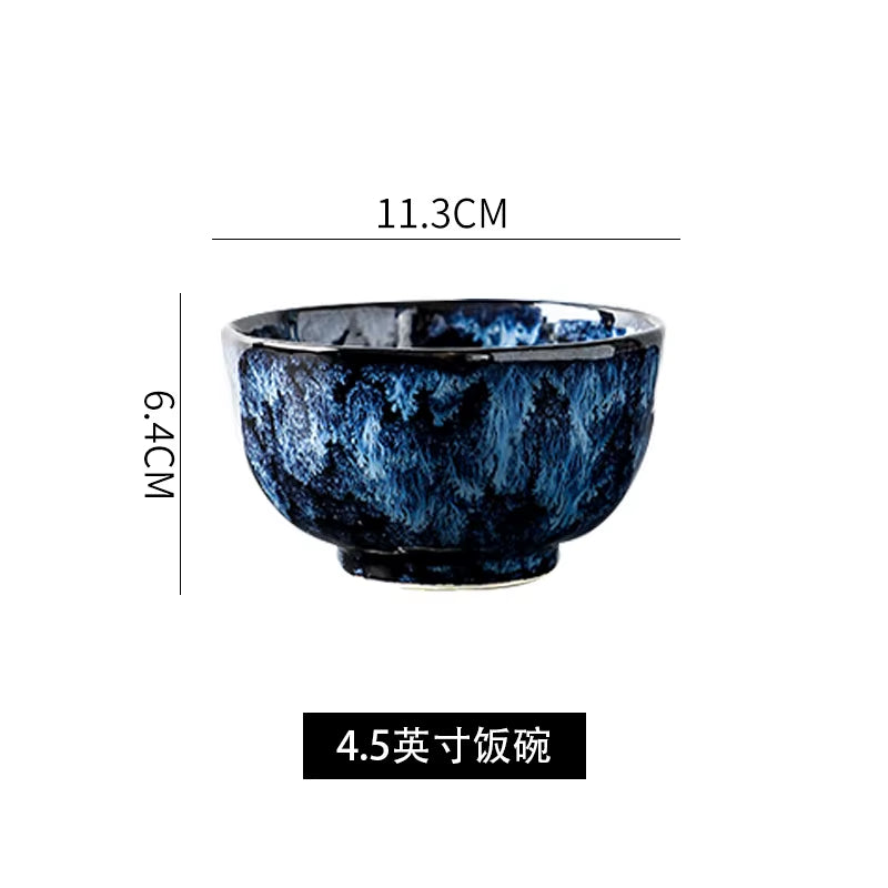 Ceramic Dinner Plates and Bowls, Blue Dishes, Creative Japanese Retro Kiln Changed Tableware Set, Dinnerware