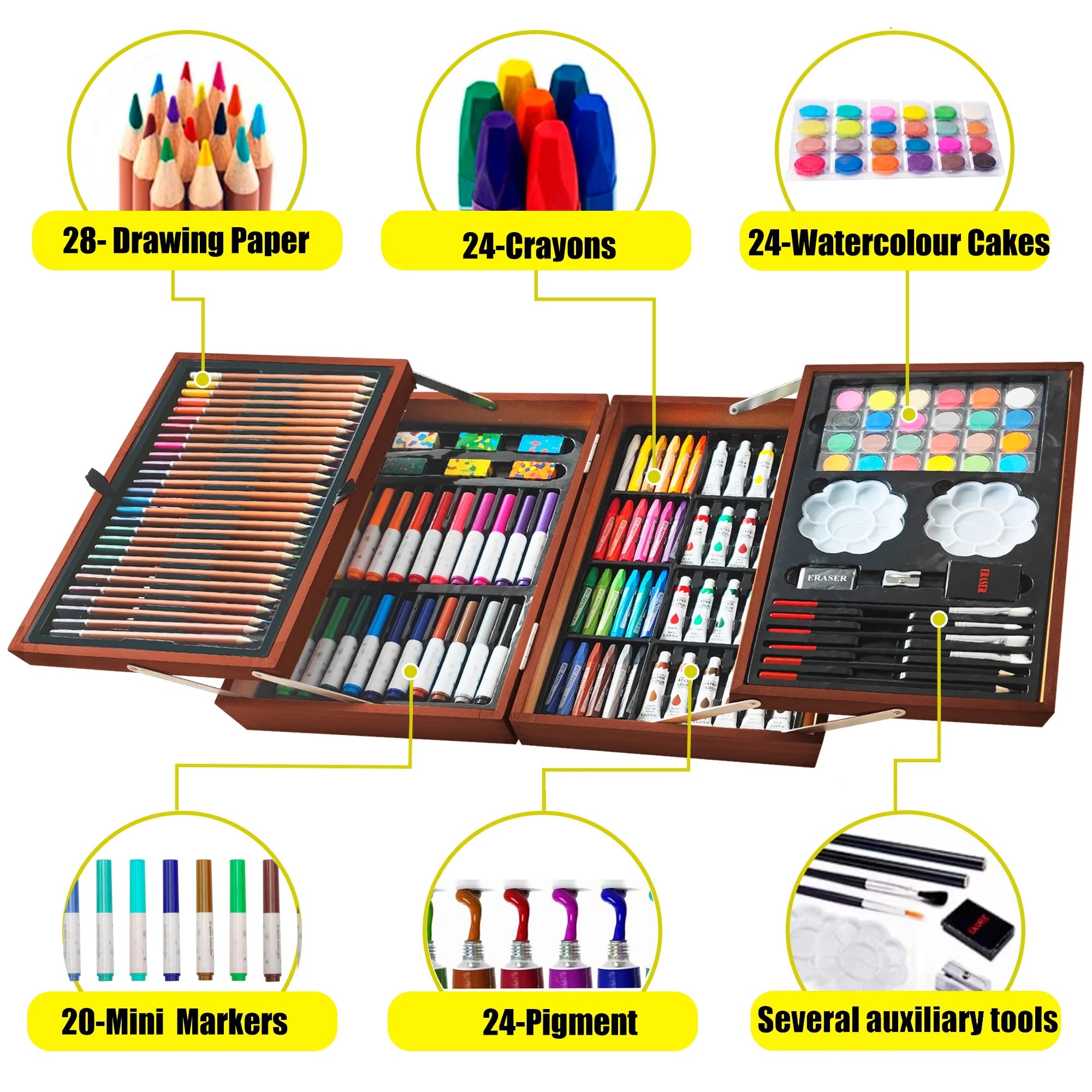 139 Pack Deluxe Portable Double Layers Wooden Coloring Drawing Kit with Sketch Pads, Art Set Gift for Artist Adults Beginners Kids (Brown)